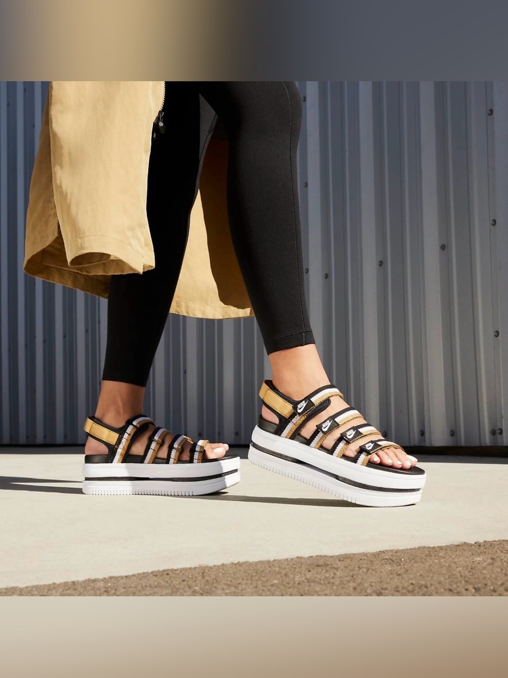Nike Black, White and Metallic Gold Multi-Strap Sandals